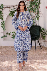 White and Navy Blue Floral Print Kurta with Piping and Trousers Co-ord Set - BEBANO
