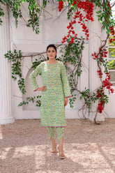 Light Green Floral Kurta with Lace Details and Tulip Pants Co-ord Set - BEBANO
