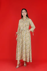 Blossom floral georgette chiffon dress with waist belt & front slit - front view