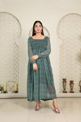 Pristine Printed Chiffon Frock with Frilled Hem and Puffed Sleeves - BEBANO
