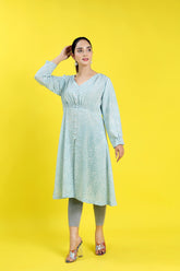 Ice Blue Bloom georgette chiffon dress with frilled waist & front slit - front view