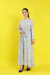 Blue Floral Georgette Chiffon Dress with Front Slit and Belt - BEBANO