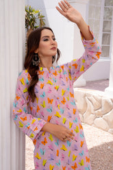 Close up of Pink Butterfly Print Kurta with Palazzo Pants Co-ord Set - BEBANO