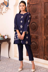 ULFAT Sapphire Blue Embroidered Cotton Asymmetric Co-Ord Set - BEBANO