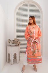 Peach Pearl Dress with Lace Details and White Capri Pants Co-ord Set - BEBANO