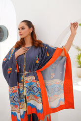 Close Up of Zeeva Dusty Blue Printed Kaftan and Red Wide-Leg Trousers Co-ord Set - BEBANO
