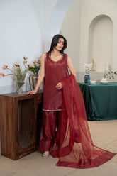 Gulnaar maroon Katan Silk 3-piece suit with organza dupatta - front view