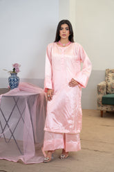 Behnaz baby pink silk 3-piece suit with gold lace & organza dupatta - front view
