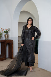 Siyaah black silk 3-piece suit with V-neck & puff sleeves - front view