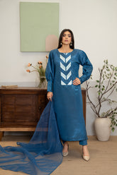 Azal deep blue silk 3-piece suit with chevron applique & organza dupatta - front view