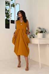 Cascade Mustard Cowl Neck One-Piece Dress - BEBANO