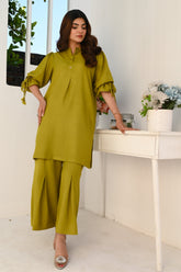 Mehndi Green Solid Dhanak Shirt and Flapper Trousers Co-ord Set - BEBANO