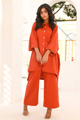 Rust Reverie Solid Top with Mother of Pearl Button and Flapper Trousers Co-ord Set - BEBANO