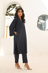 Side View and Pocket Detail of Ember Glow Navy Blue Top with Boat Sleeves and Fitted Pockets Pants Co-ord Set - BEBANO