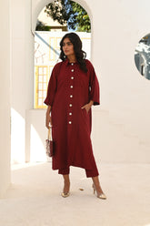 Garnet Grace Maroon Long Shirt with Collar, with Mother of Pearl Button  and Trouser Co-ord Set - BEBANO