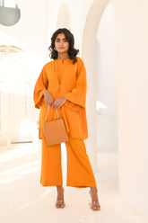 Mustard Muse Gathered Waist Shirt and Flared Pants Co-ord Set - BEBANO