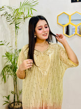 Close-up of Shahi Rangrez kaftan by BEBANO showing handcrafted neck patch and Indian lace work on moonlight fabric.