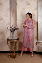 Neelam Lilac and Silver Embroidered Organza Jacket and Silk Pants Festive Set - BEBANO
