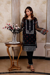 Zibaish Black Hand Embellished Block Print Organza Kurta Festive Set - BEBANO