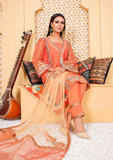 Net dupatta with orange organza borders and motif patches from Aaftab set - BEBANO