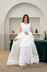 HAYA white Katan Silk 3-piece suit with organza dupatta - front view