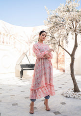 Bloom Ray floral chiffon long dress with ban collar & belt - front view