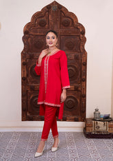 Red cotton shirt with floral embroidery in patti design