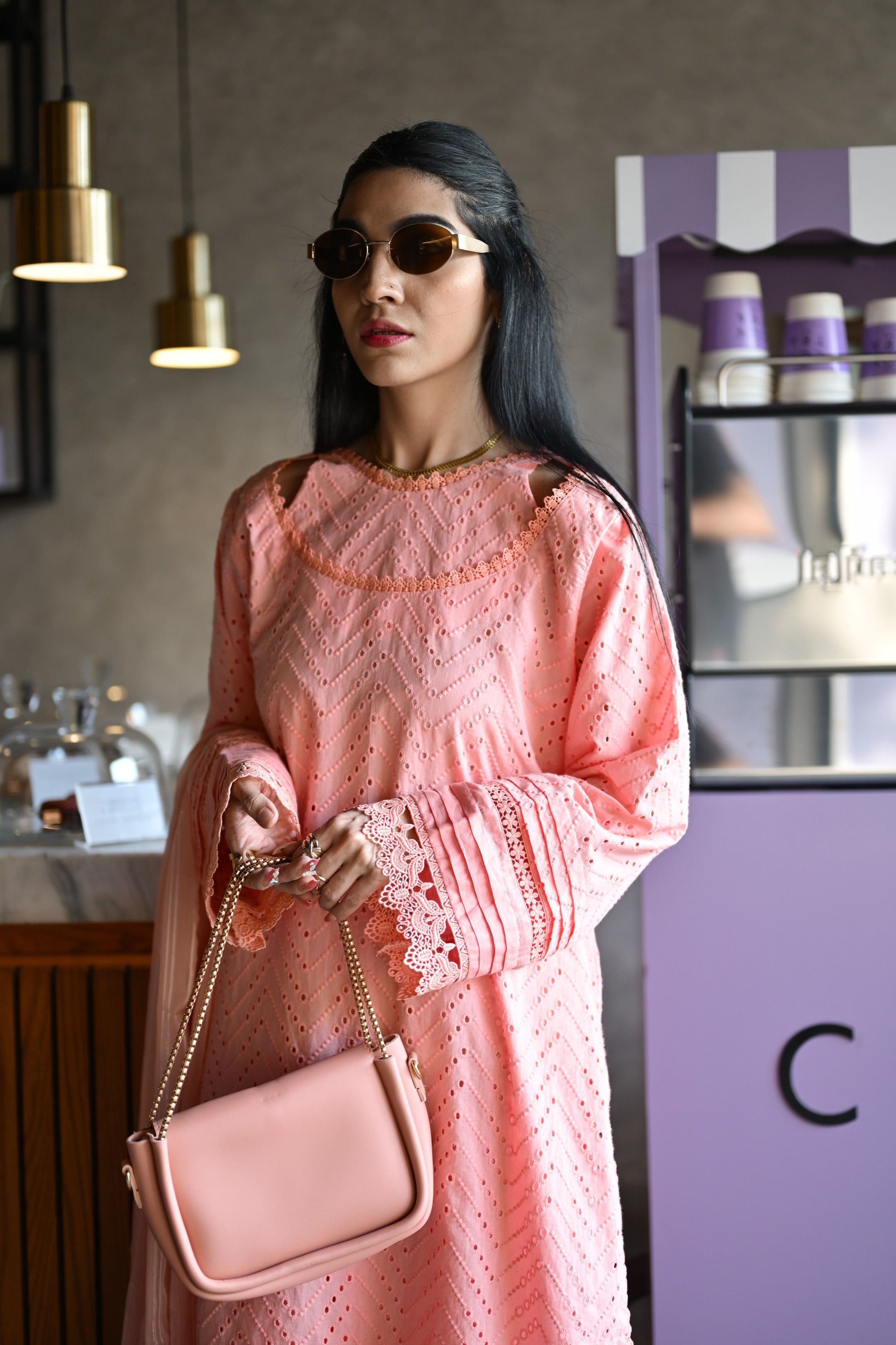 Close-up of neckline and lace detailing on Gulaabi Dastaan shirt by BEBANO.