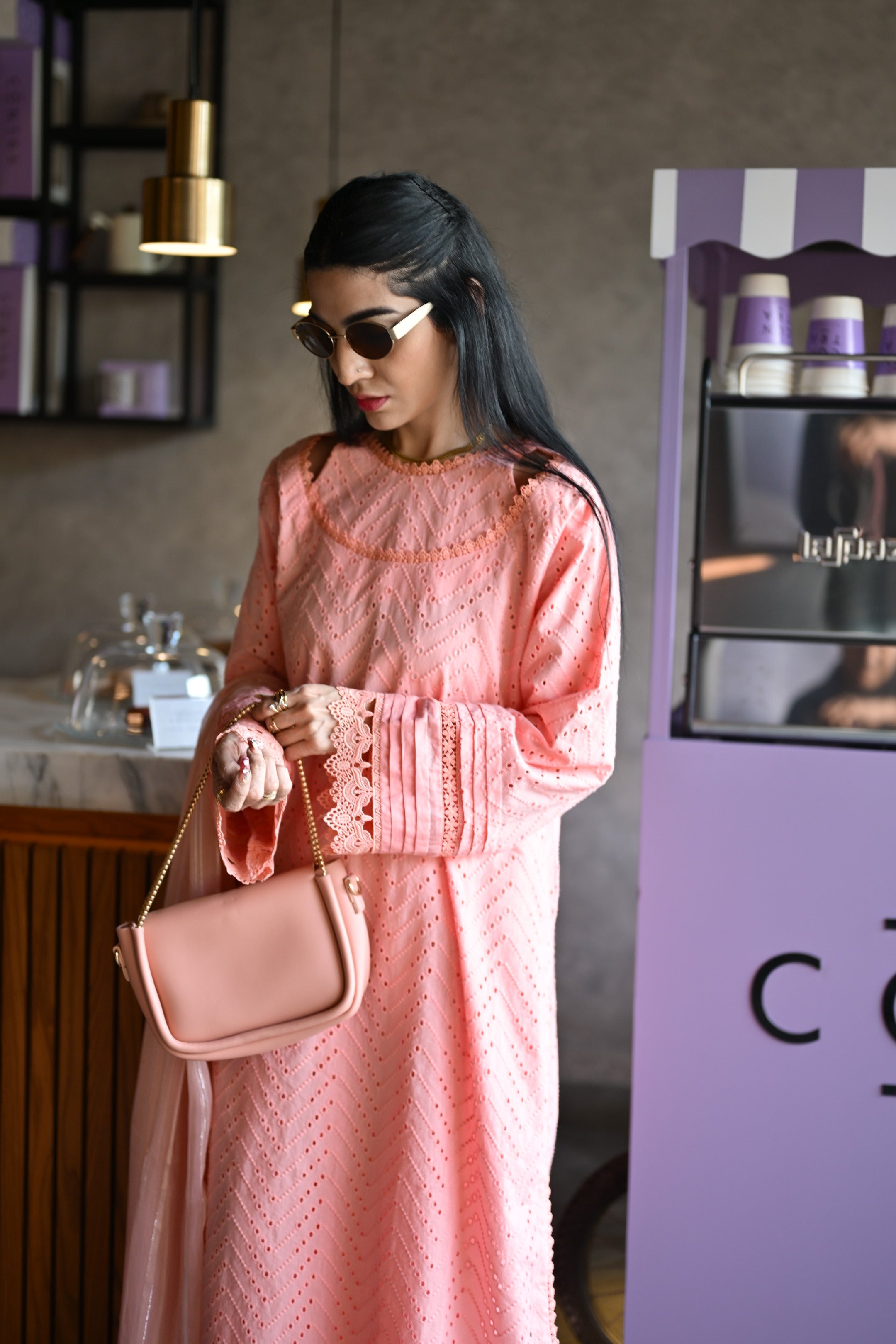 Close-up of neckline and lace detailing on Gulaabi Dastaan shirt by BEBANO.