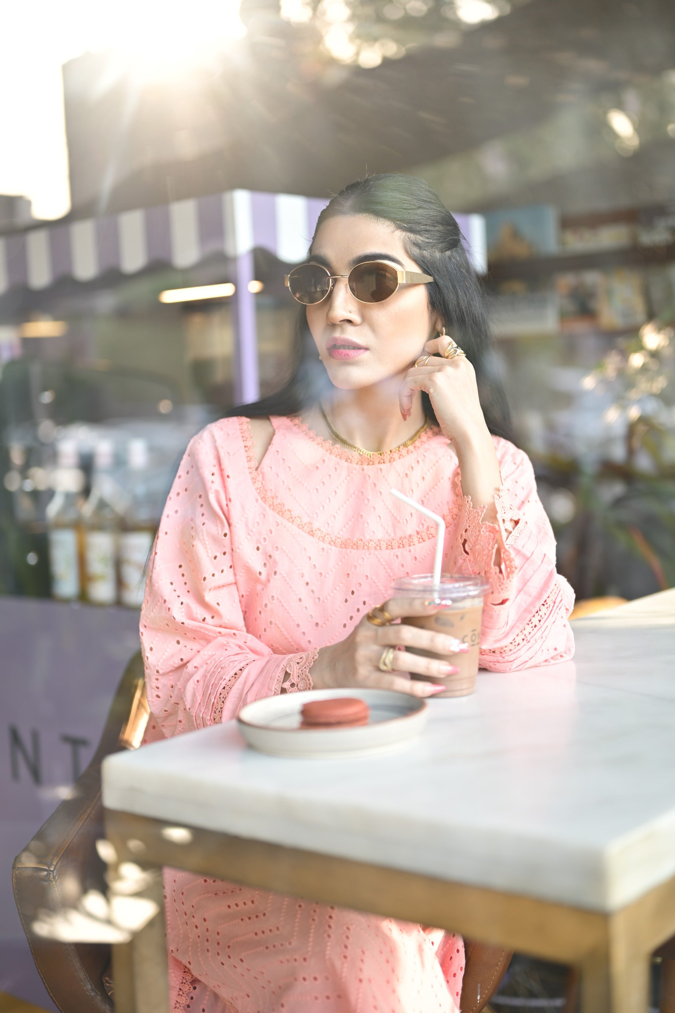 Detailed shot of pleated sleeves and matching lace work on Gulaabi Dastaan.