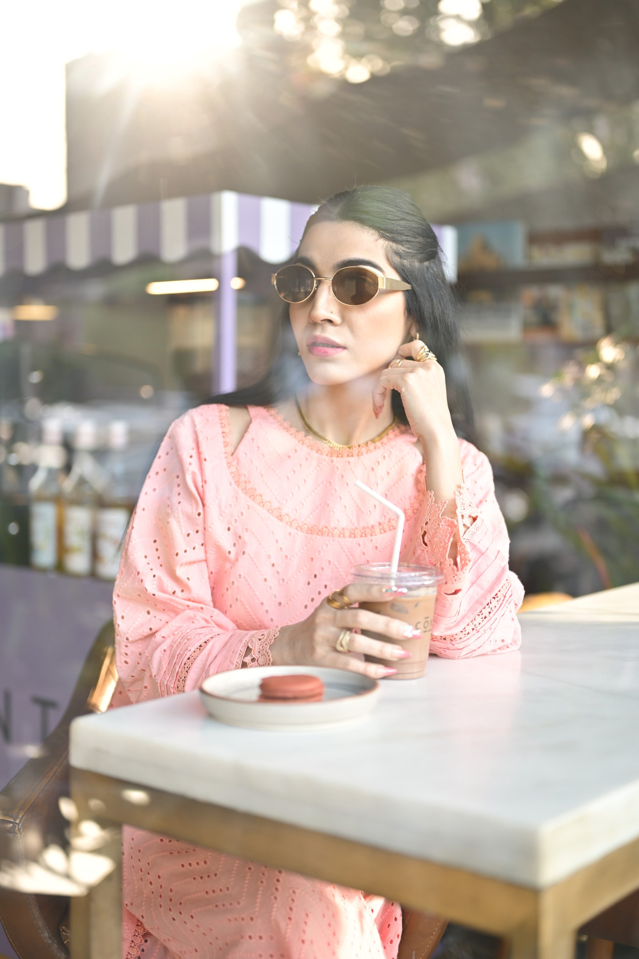 Detailed shot of pleated sleeves and matching lace work on Gulaabi Dastaan.