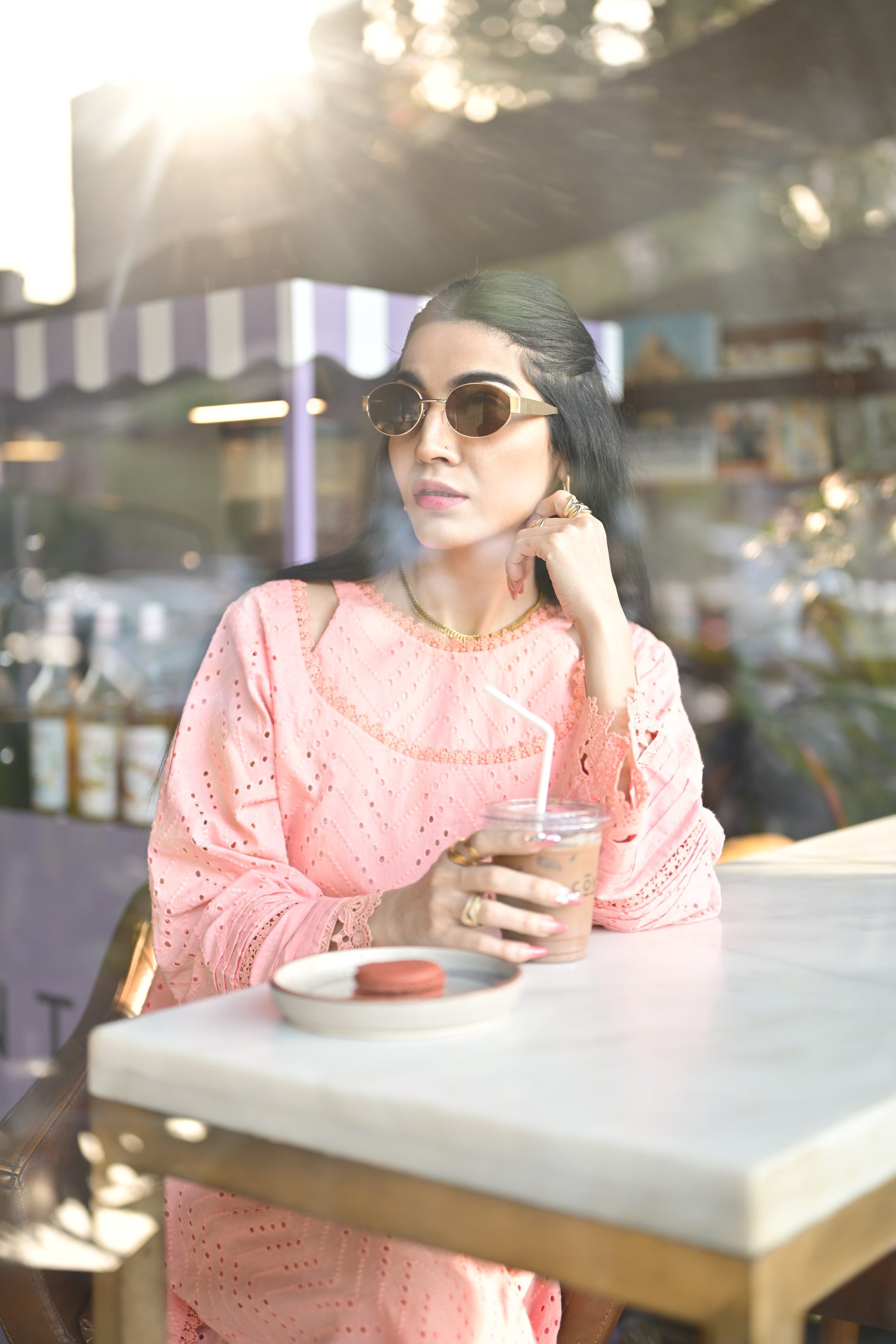 Detailed shot of pleated sleeves and matching lace work on Gulaabi Dastaan.