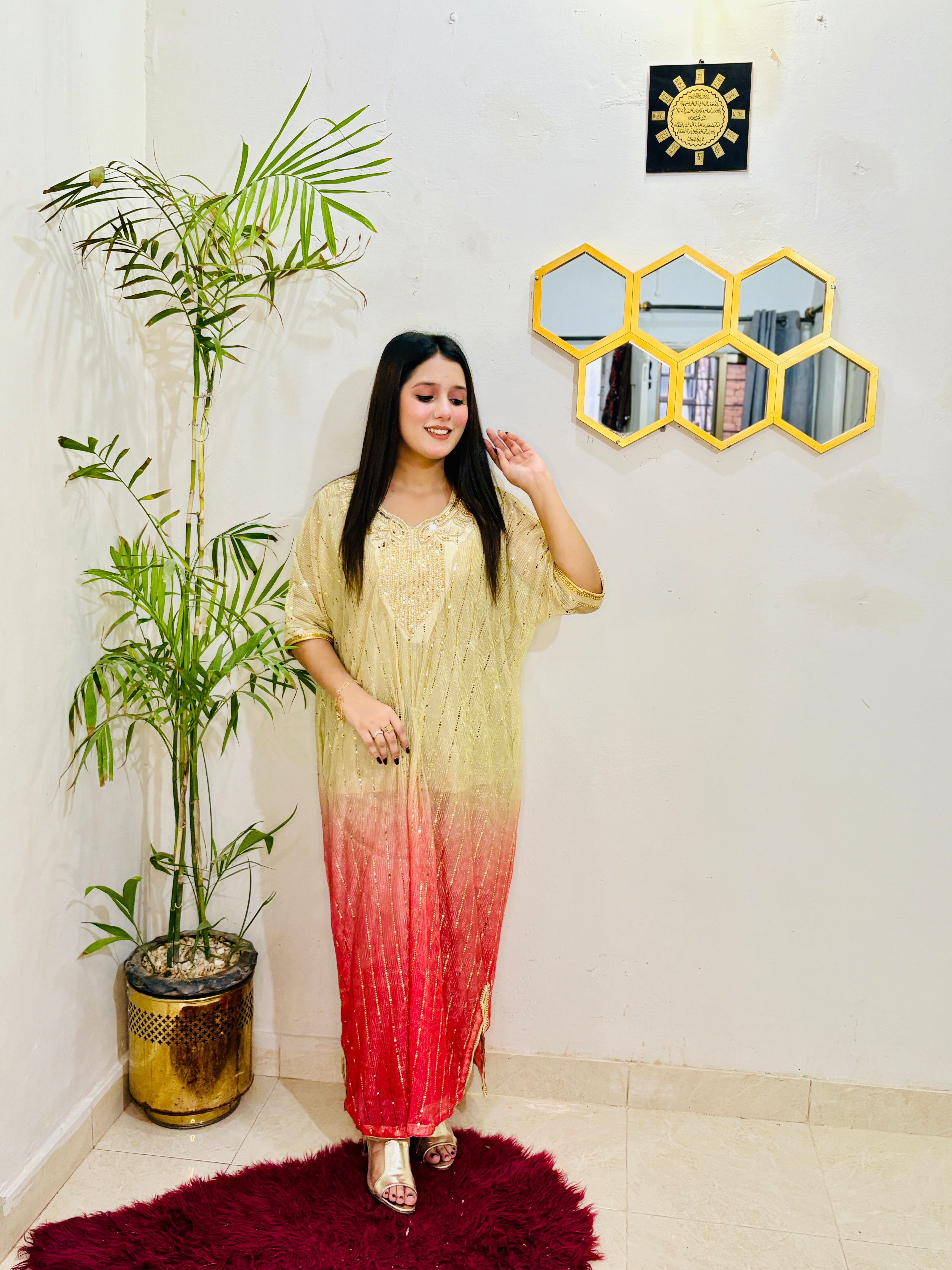 Model wearing BEBANO’s Shahi Rangrez – two-tone moonlight fabric kaftan from the Gulzar Collection, featuring handcrafted neck patch and Indian lace detailing.