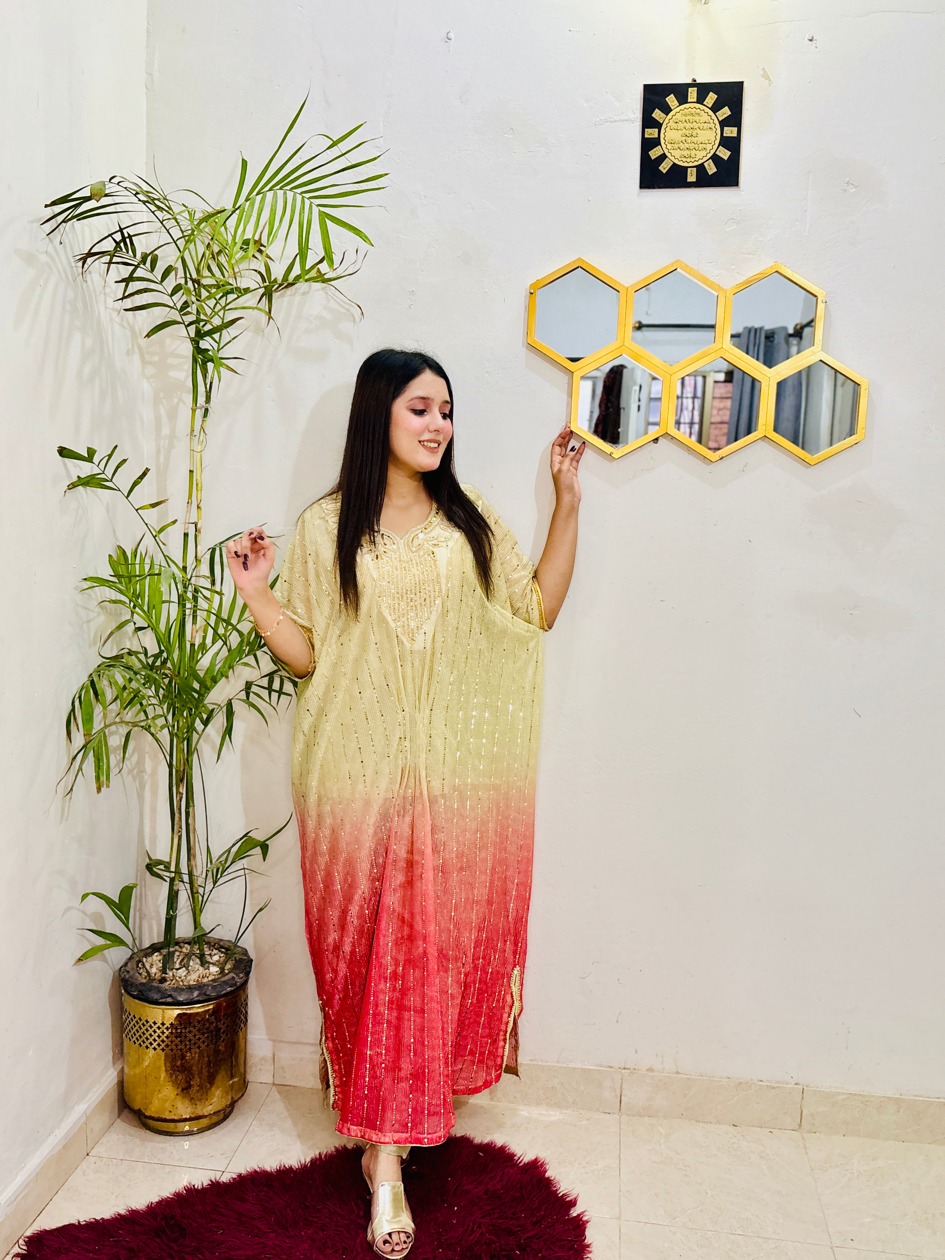 Model wearing BEBANO’s Shahi Rangrez – two-tone moonlight fabric kaftan from the Gulzar Collection, featuring handcrafted neck patch and Indian lace detailing.