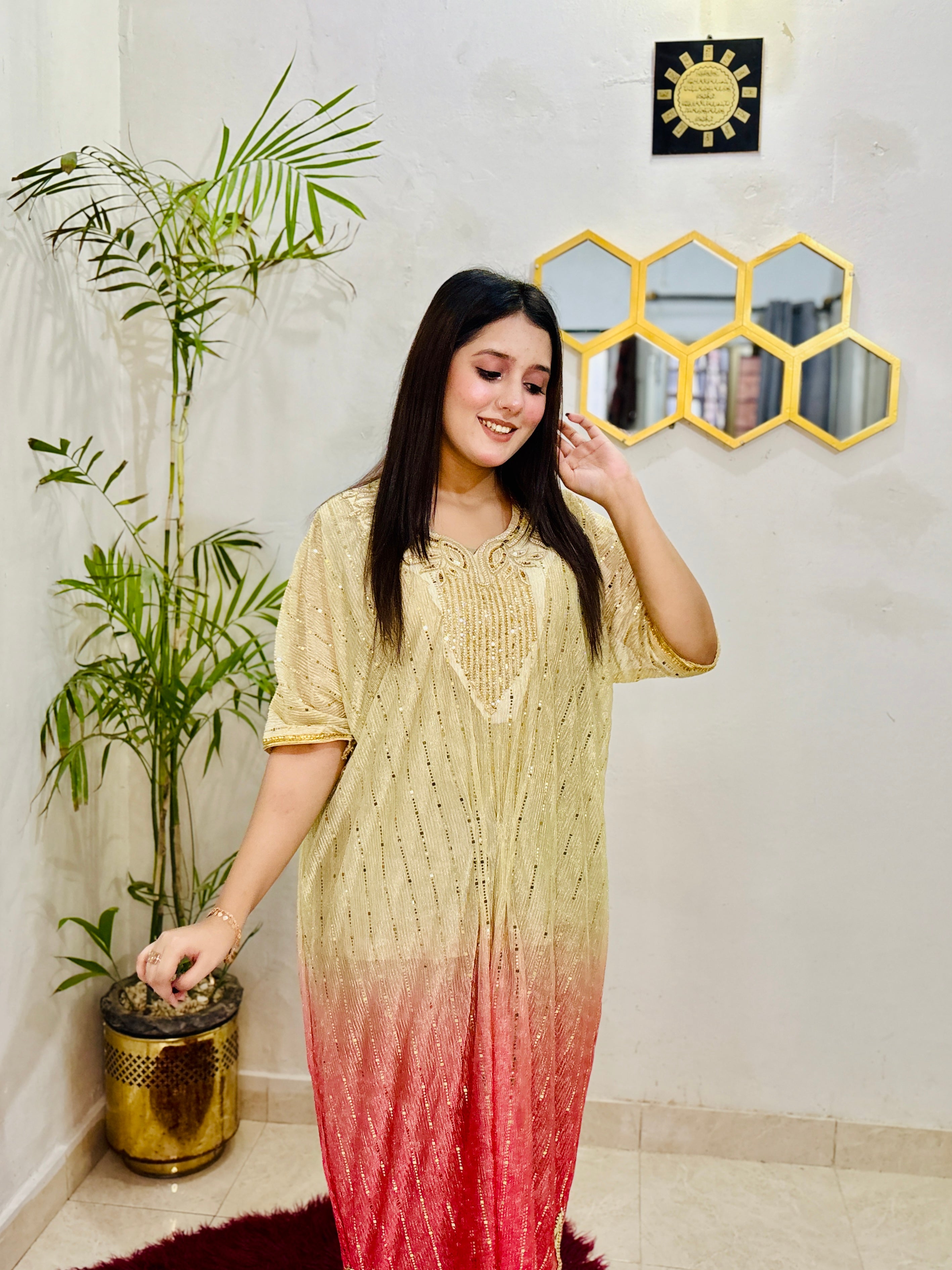 Close-up of Shahi Rangrez kaftan by BEBANO showing handcrafted neck patch and Indian lace work on moonlight fabric.