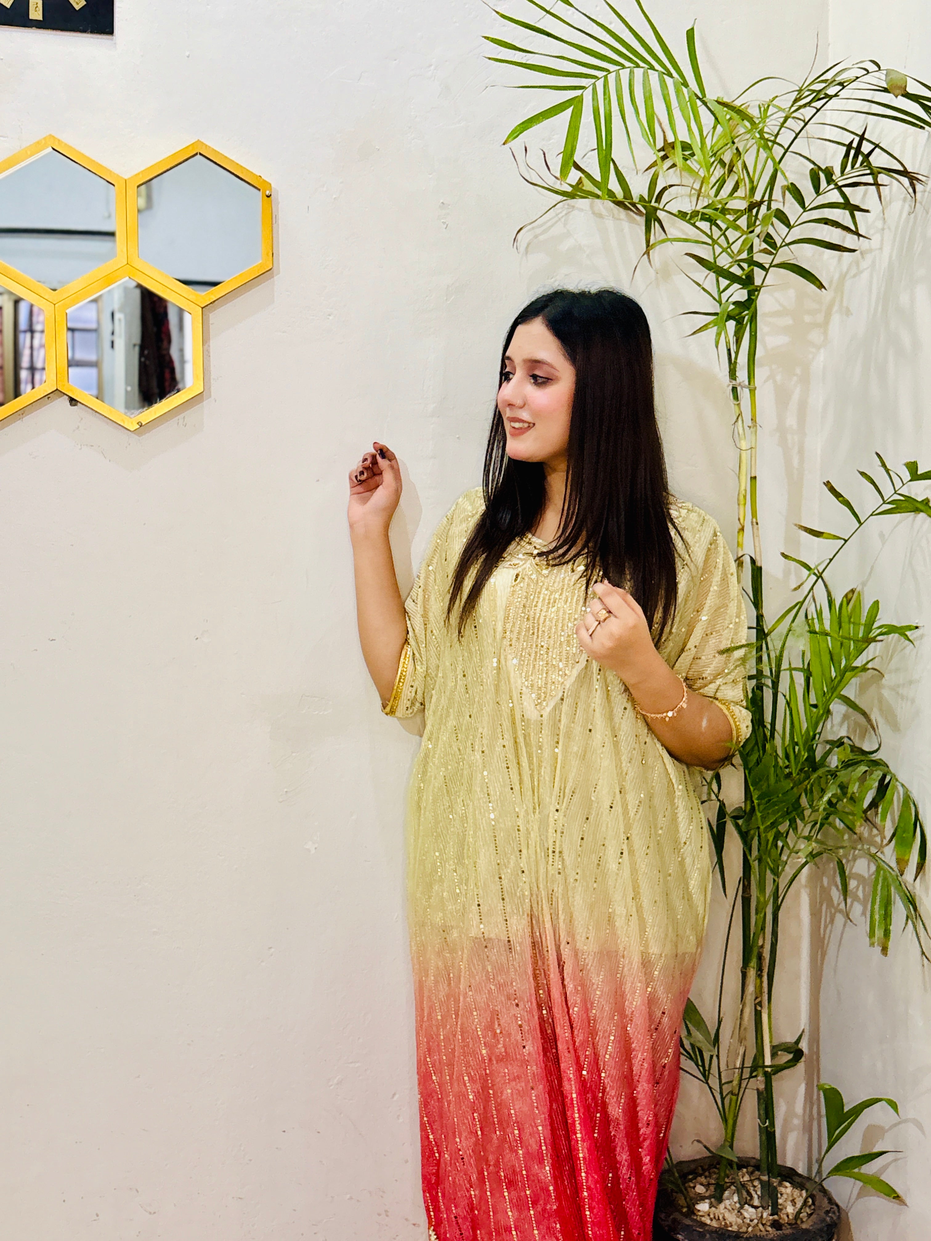 Moonlight fabric texture of BEBANO’s Shahi Rangrez kaftan highlighting fine quality and festive shimmer.