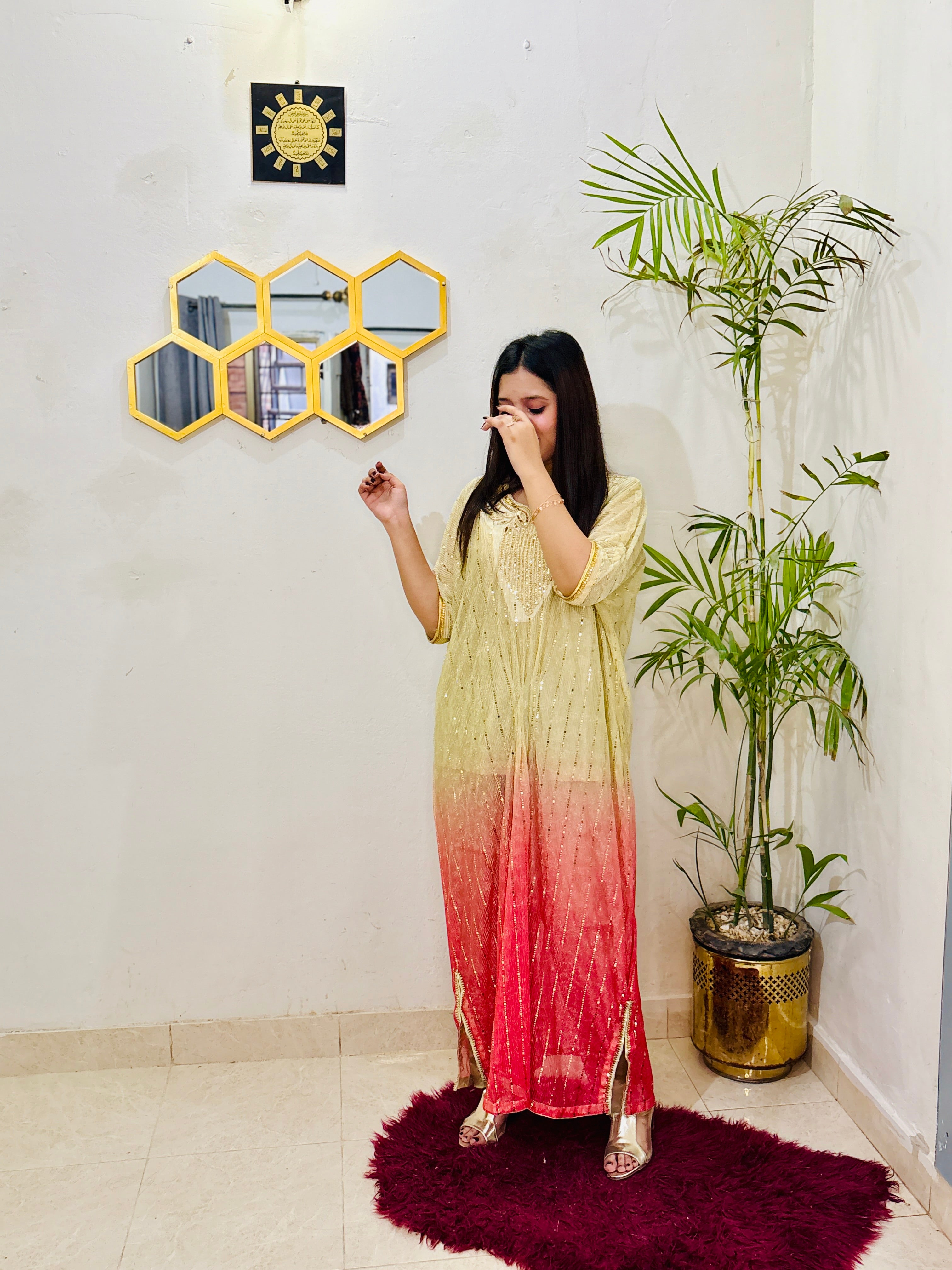 Complete look of BEBANO’s Shahi Rangrez – two-tone moonlight kaftan paired with matching inner and trouser, perfect for festive wear.