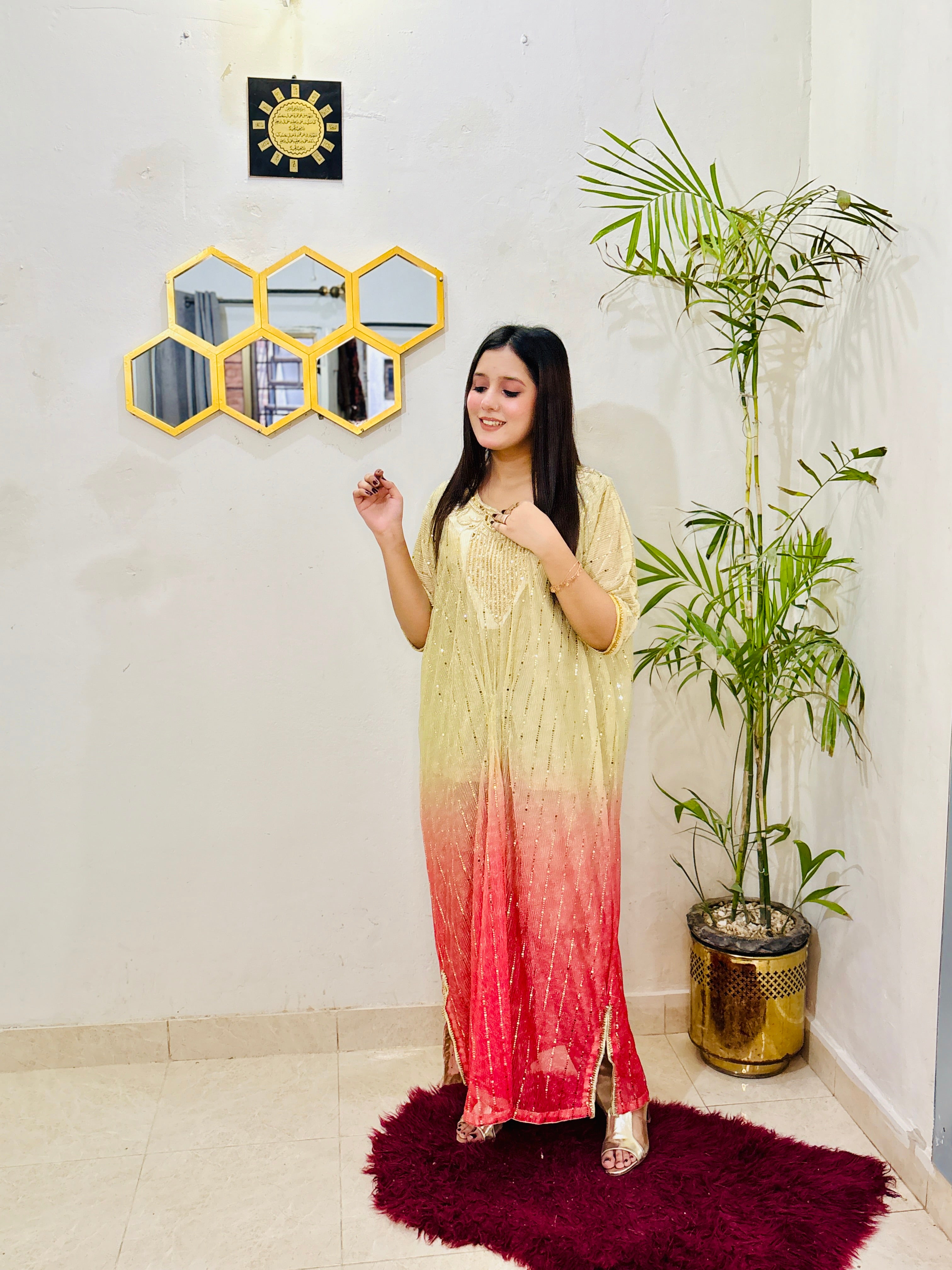 Complete look of BEBANO’s Shahi Rangrez – two-tone moonlight kaftan paired with matching inner and trouser, perfect for festive wear.