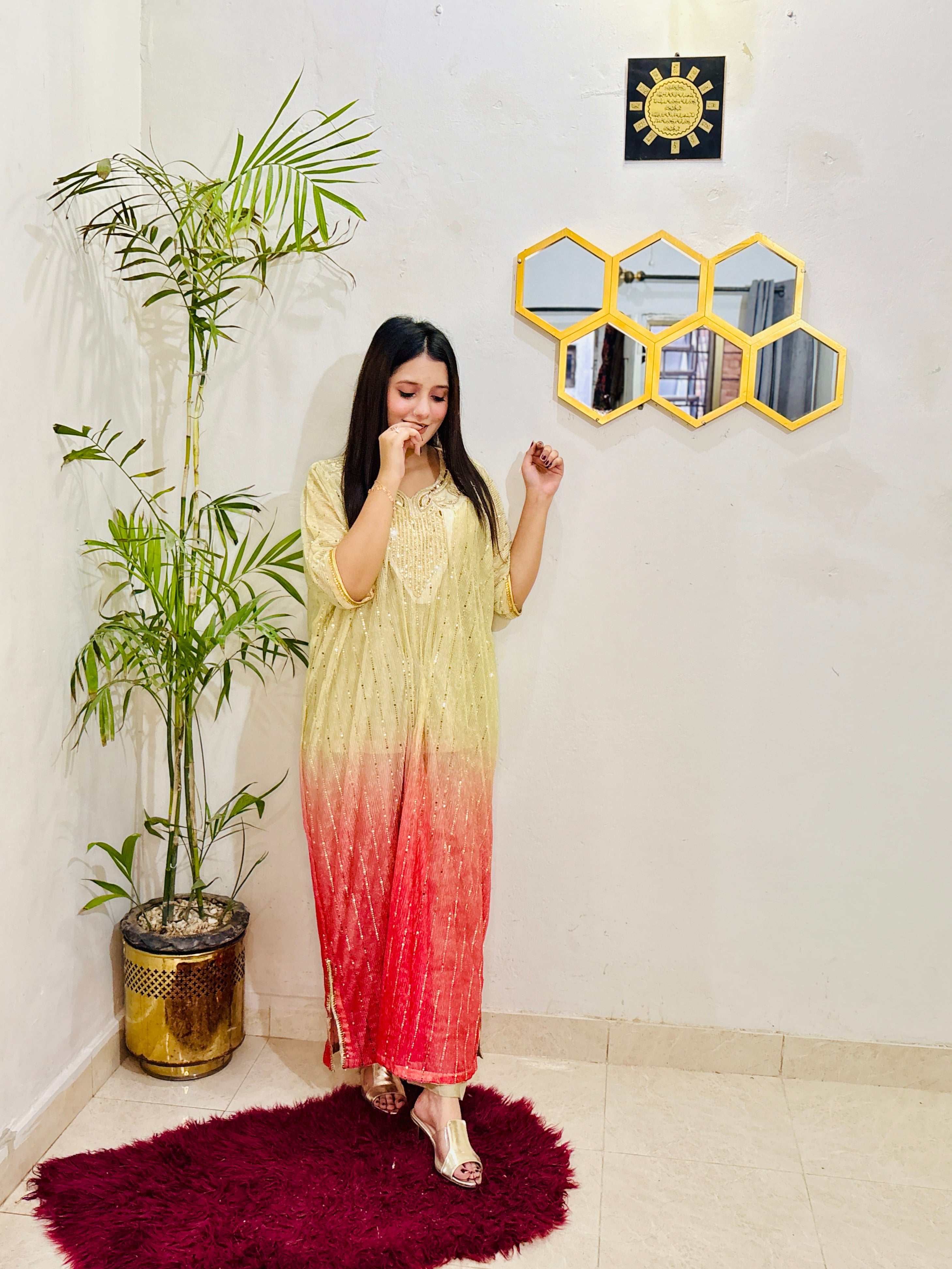 Complete look of BEBANO’s Shahi Rangrez – two-tone moonlight kaftan paired with matching inner and trouser, perfect for festive wear.