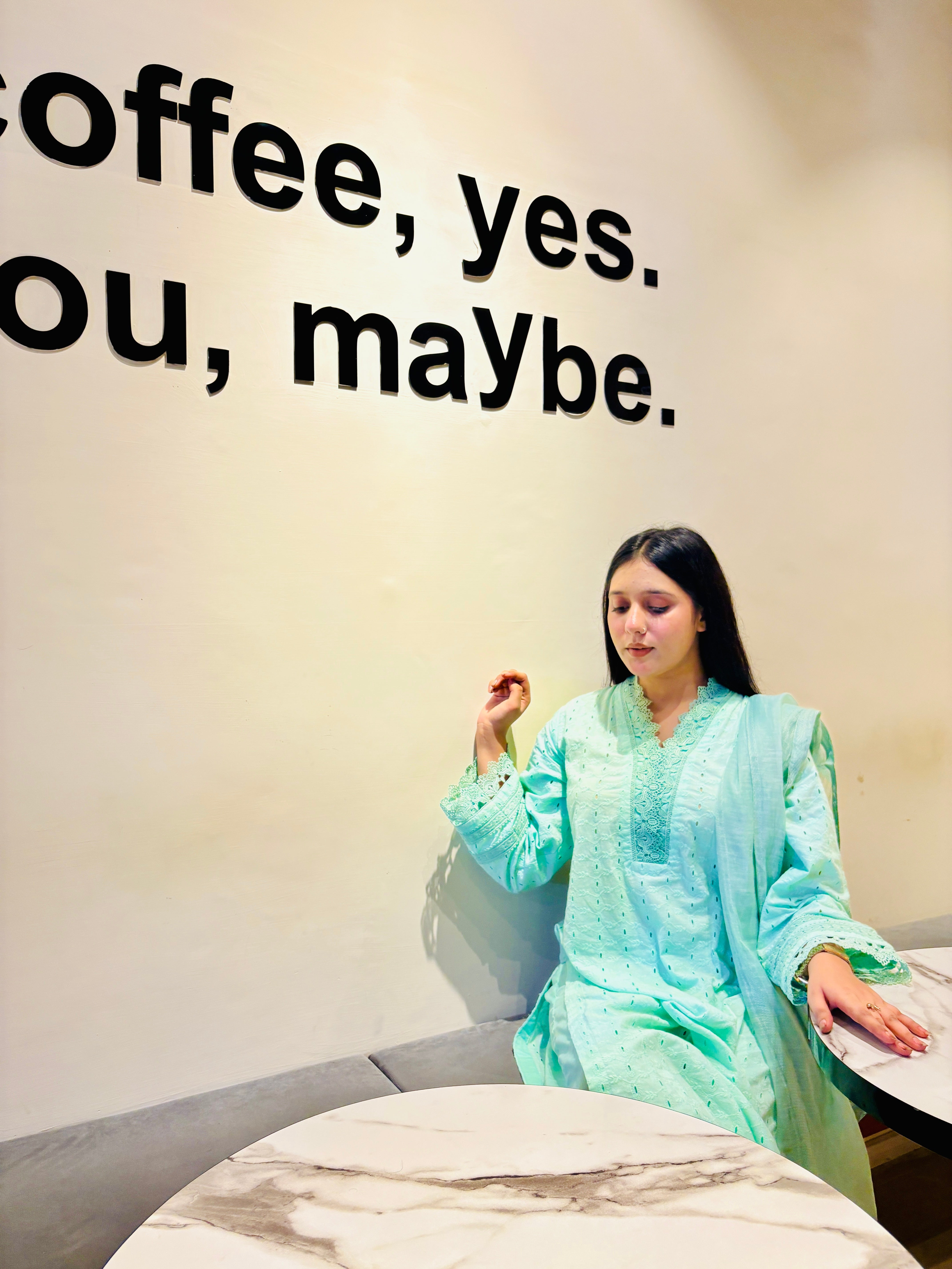 Sitting pose in BEBANO’s Nehr-e-Noor — showcasing soft Chikan Kari texture and milky lace accents.