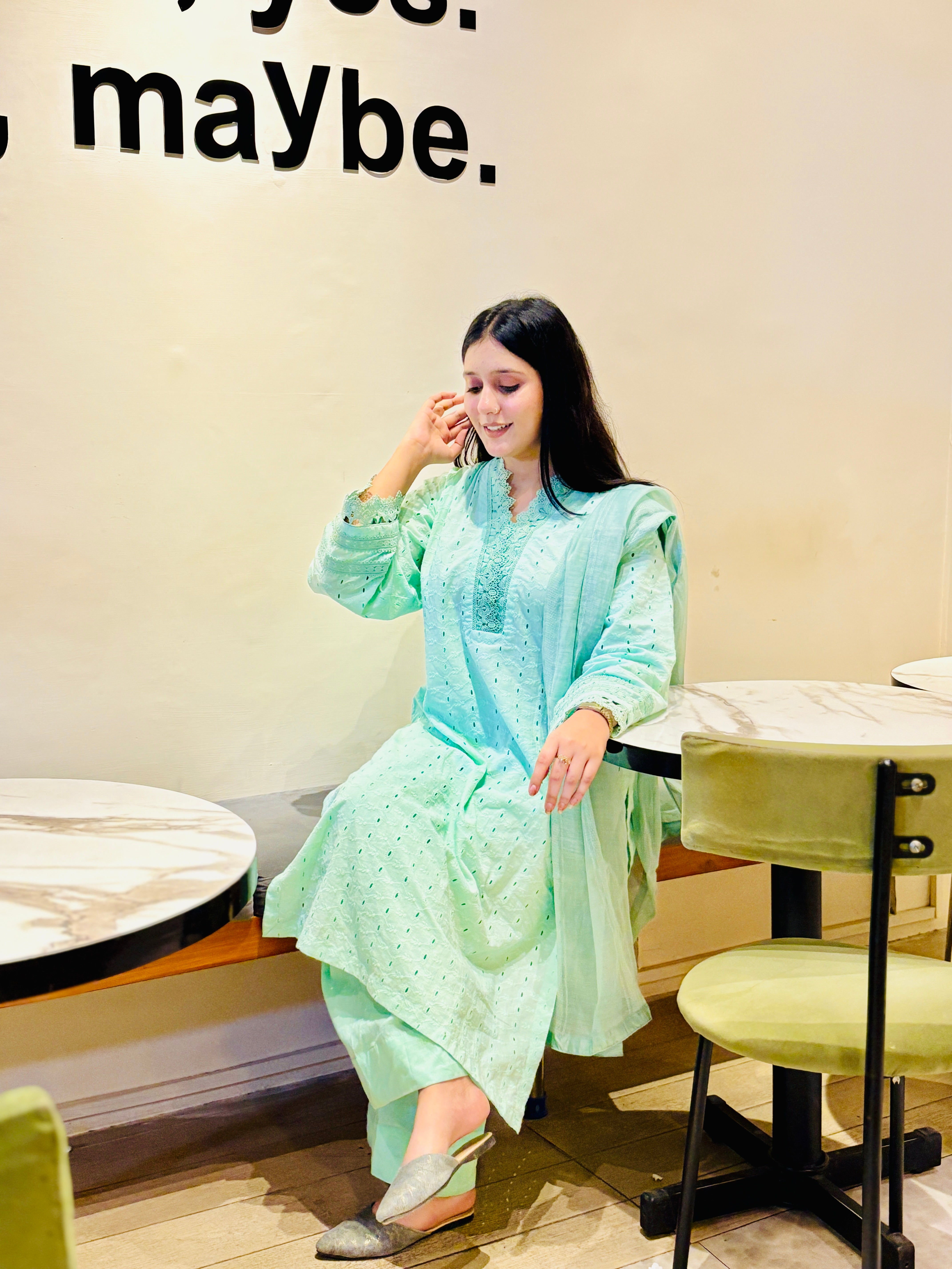 Sitting pose in BEBANO’s Nehr-e-Noor — showcasing soft Chikan Kari texture and milky lace accents.